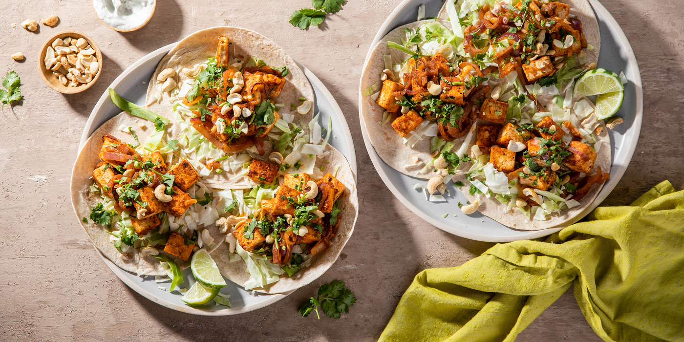 Red Curry Tofu Tacos with Coconut Crema & Toasted Cashews
