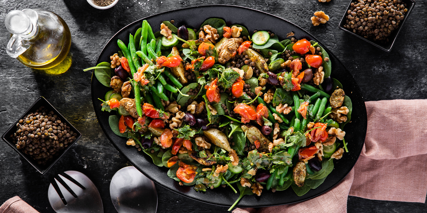 Lentil Nicoise with Roasted Mustard Potatoes & Cherry Tomato Vinaigrette