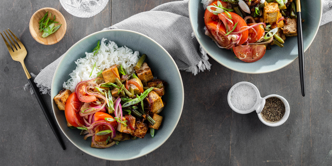 Filipino Tofu Adobo with Green Beans & Tomato Salad