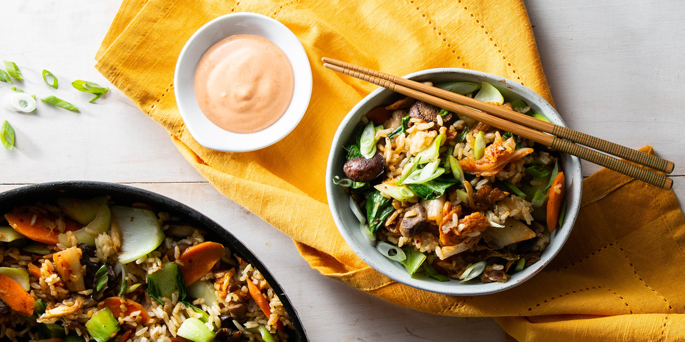 Kimchi Mushroom Fried Rice with Bok Choy & Sriracha Aioli