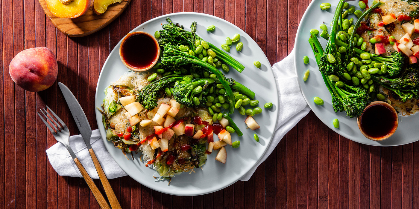 Scallion Noodle Cakes with Crispy Broccolini & Tamarind Sauce