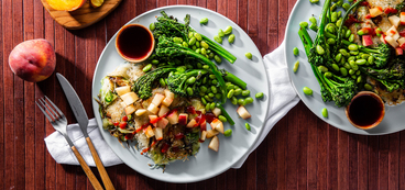 Scallion Noodle Cakes with Crispy Broccolini & Tamarind Sauce