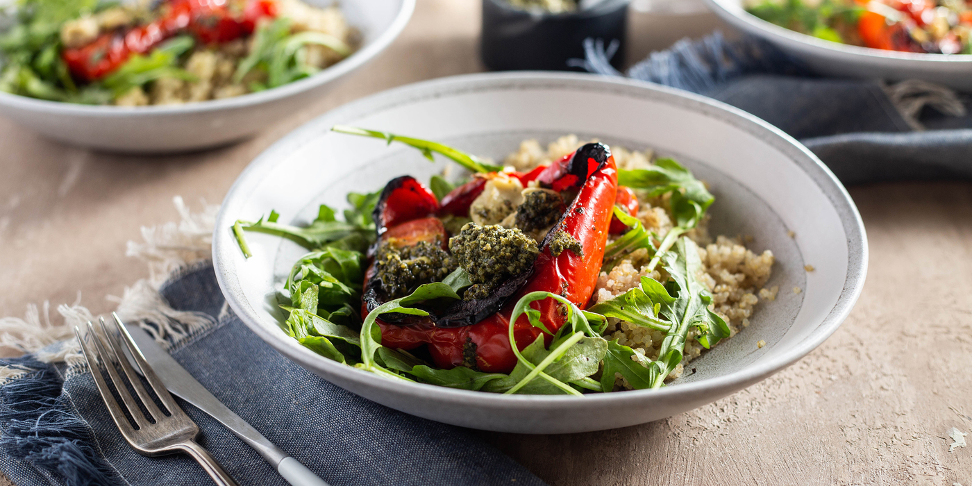 Pesto Stuffed Peppers with Cherry Tomatoes & Scallion Cashew Cheese