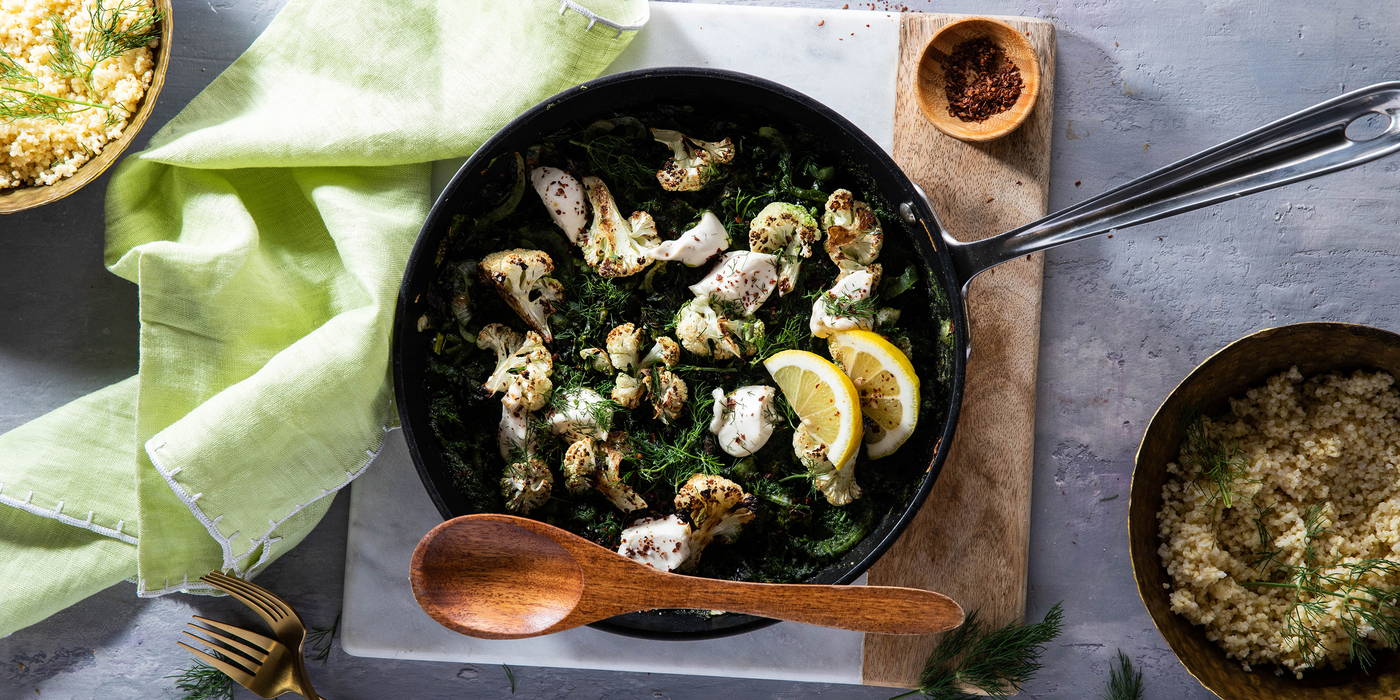 Green Shakshuka with Crispy Cauliflower & Lemon Millet