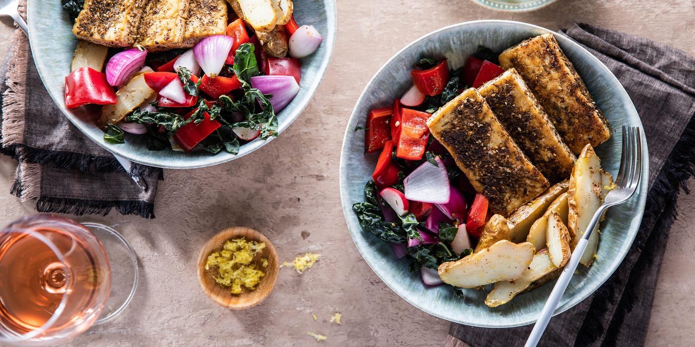 Tofu Halloumi Bowls with Lemon Potatoes & Kale Salad