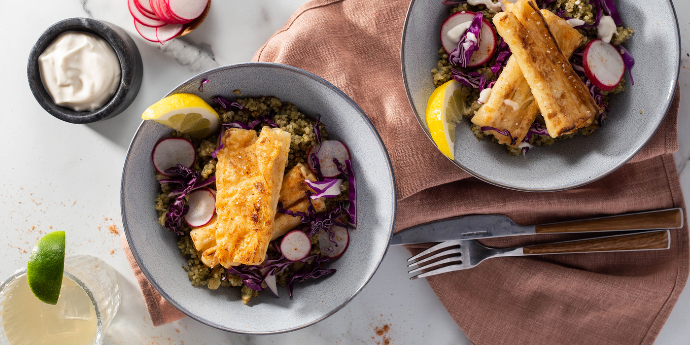 Baja Fish Bowls with Citrus Aioli & Cilantro Almond Quinoa