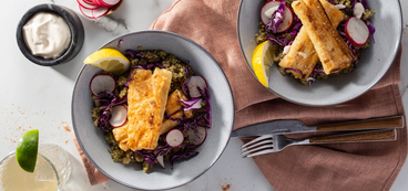 Baja Fish Bowls with Citrus Aioli & Cilantro Almond Quinoa