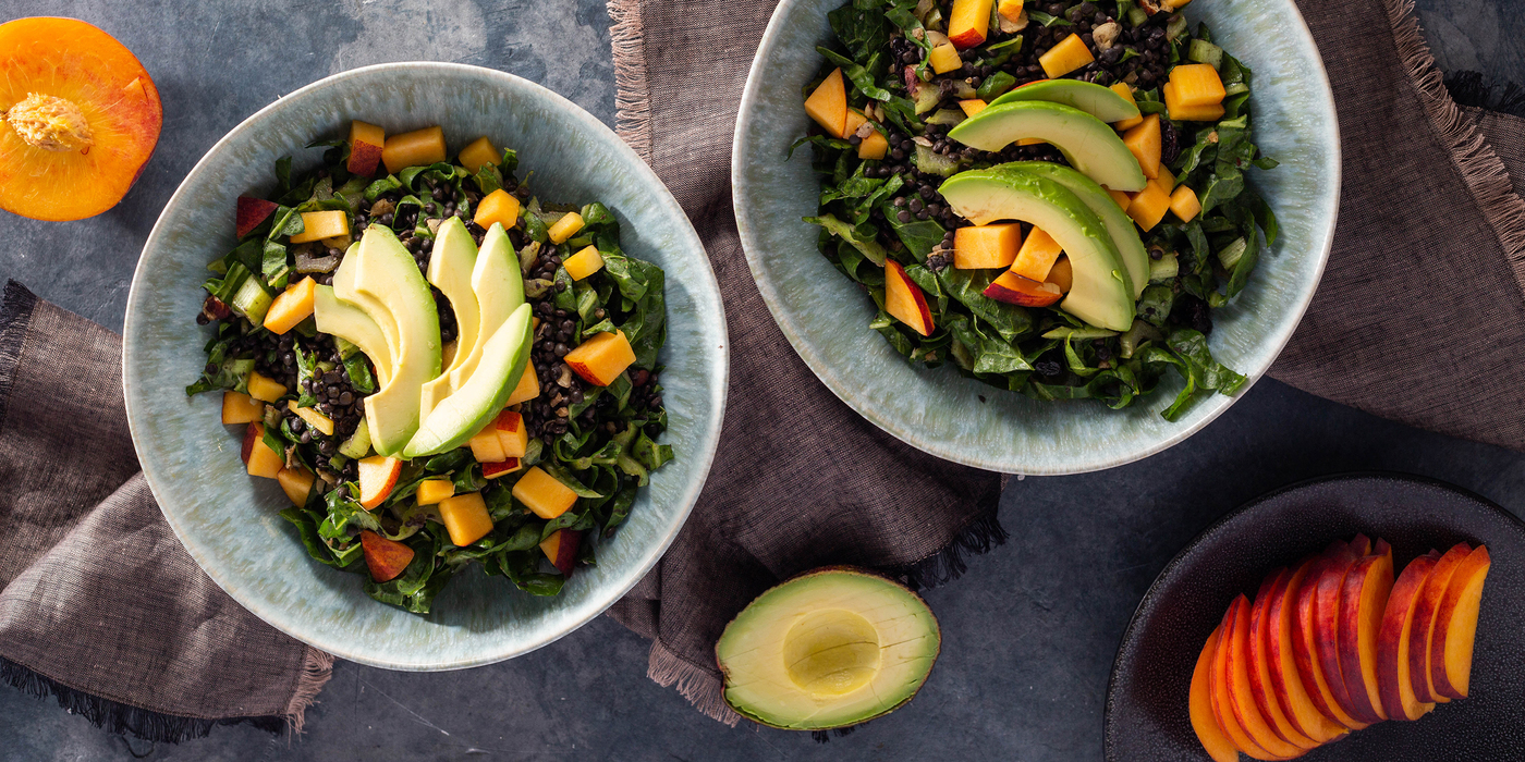 Warm Stone Fruit Salad with Coriander Lentils & Avocado