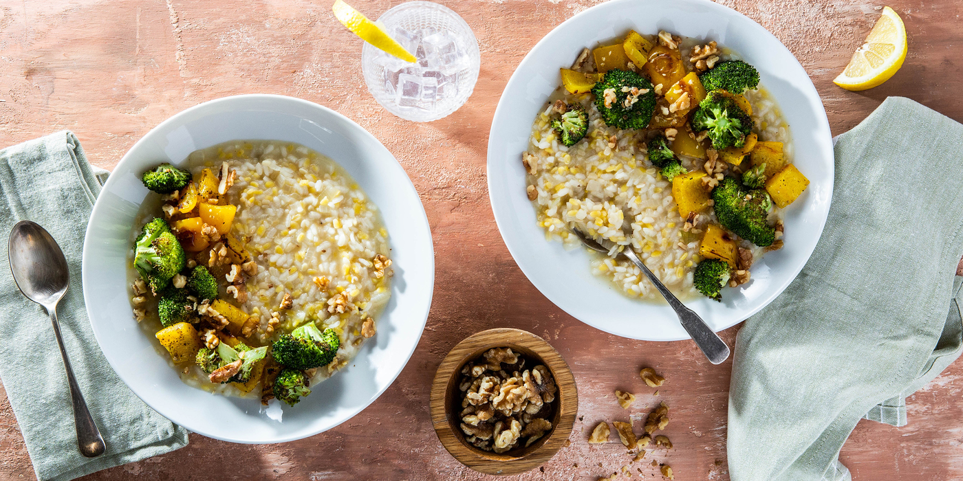 White Lentil Walnut Risotto with Roasted Broccoli & Peppers