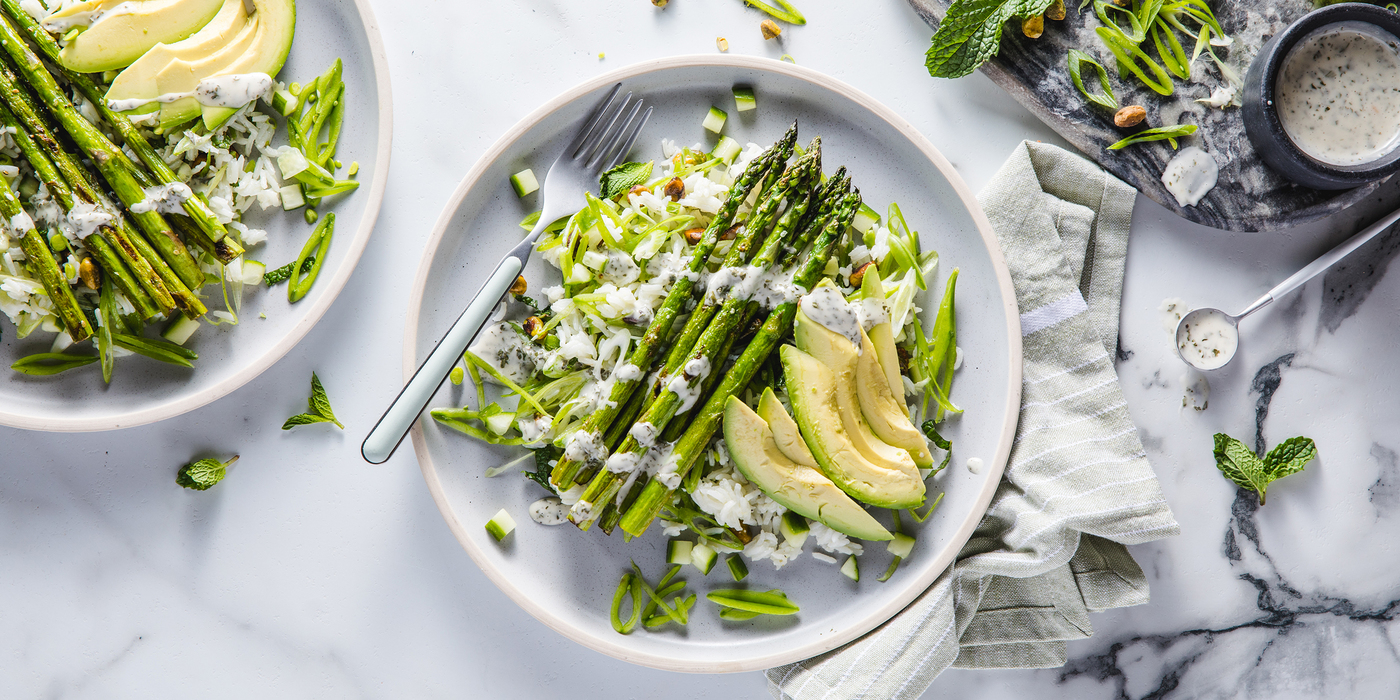 Green Goddess Vegetable Pilaf with Asparagus & Herbed Ranch Dressing