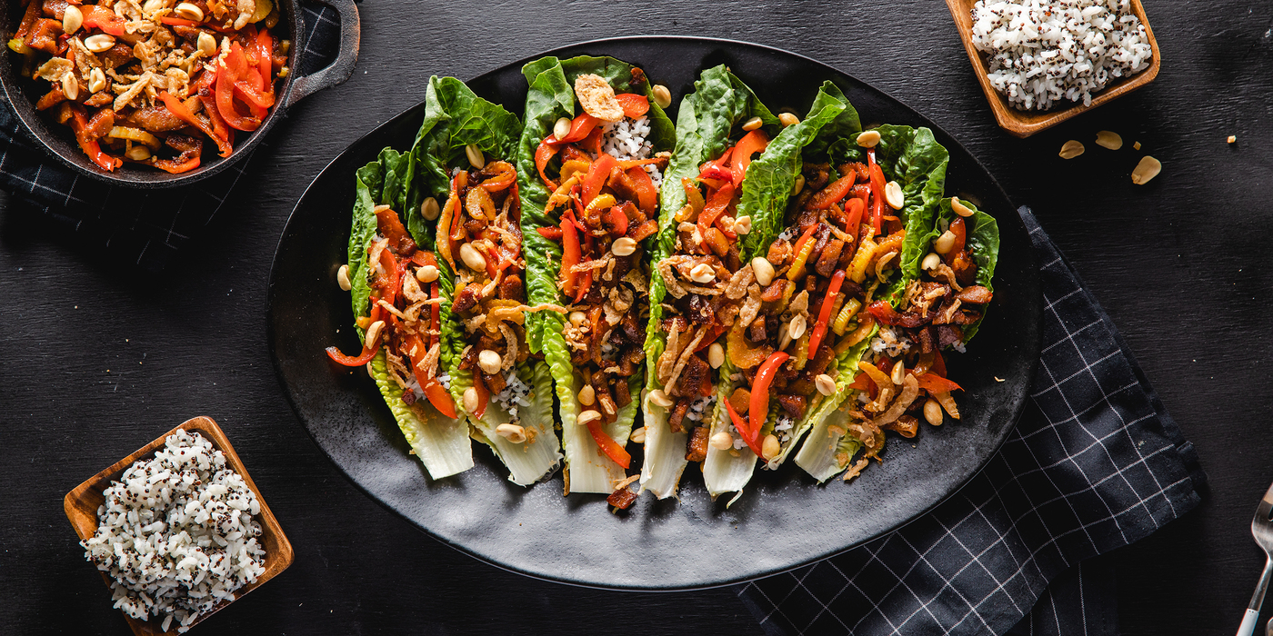 Chinese BBQ Lettuce Wraps with Quinoa Speckled Rice & Crispy Onions