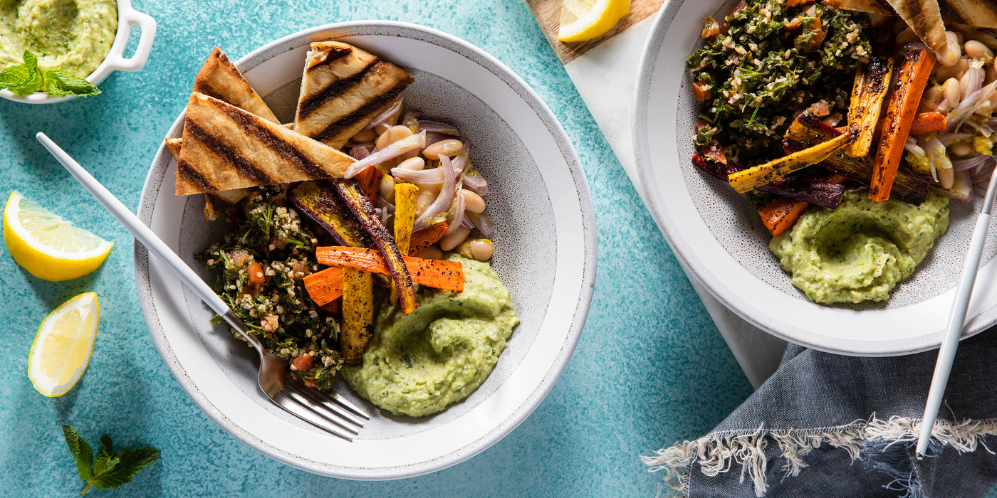 Tabouli Mezze Bowls with Sweet Pea Hummus & Sumac Carrots