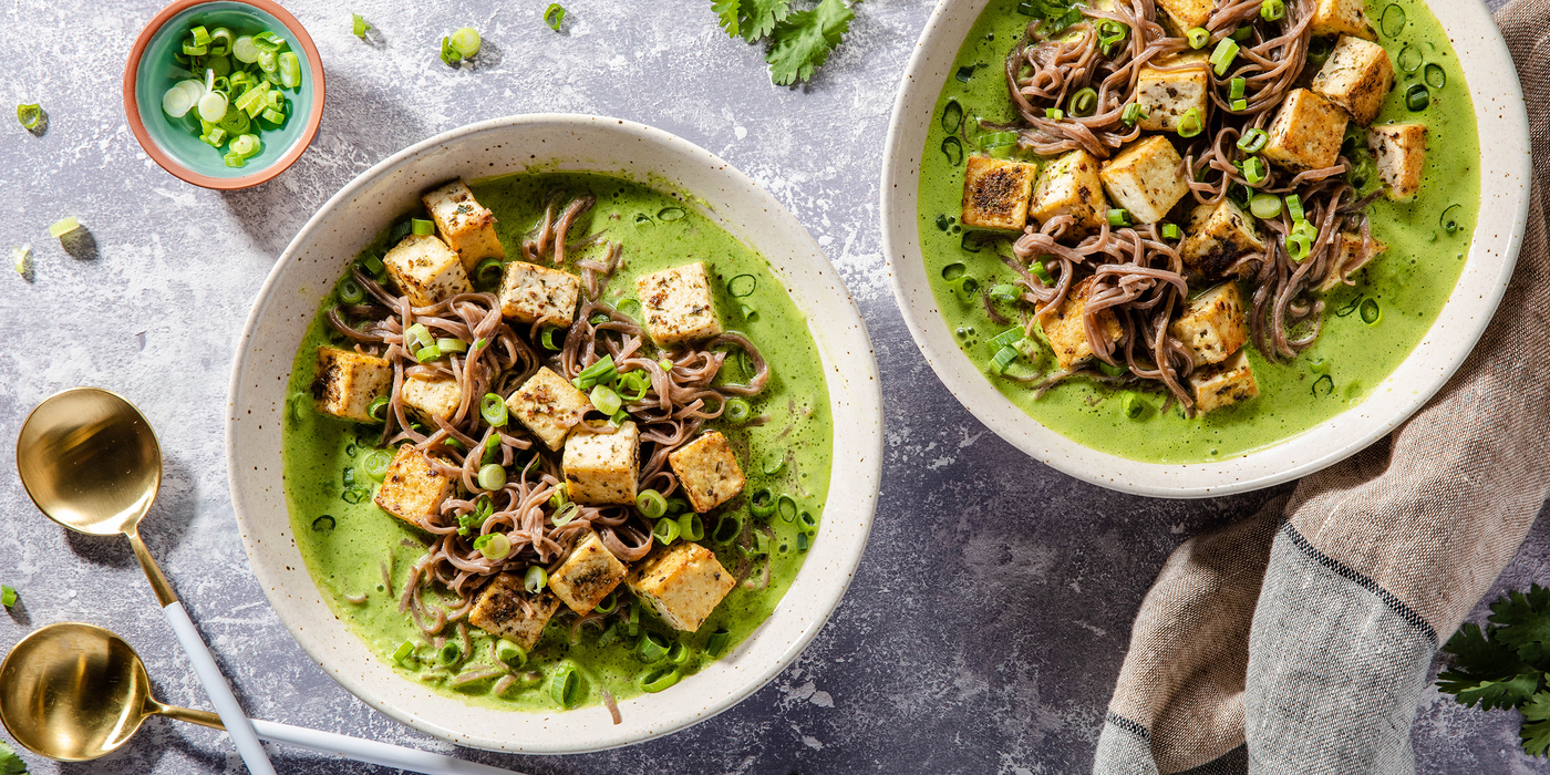 Spicy Green Soup with Lemon Soba Noodles & Crispy Tofu