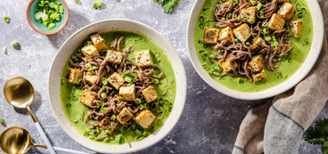 Spicy Green Soup with Lemon Soba Noodles & Crispy Tofu