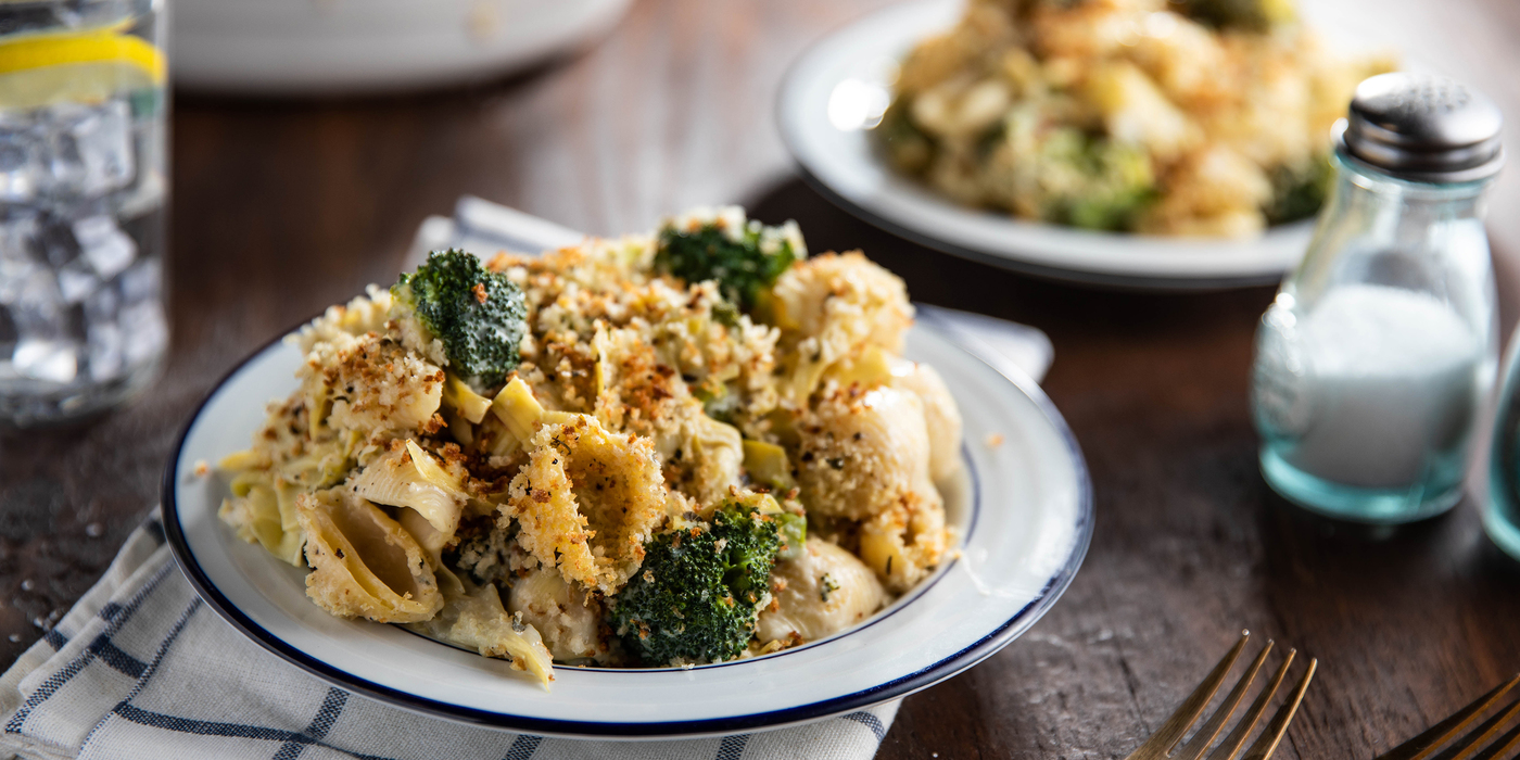 Broccoli Mac n' Cheese with Artichoke Hearts & Oregano Breadcrumbs