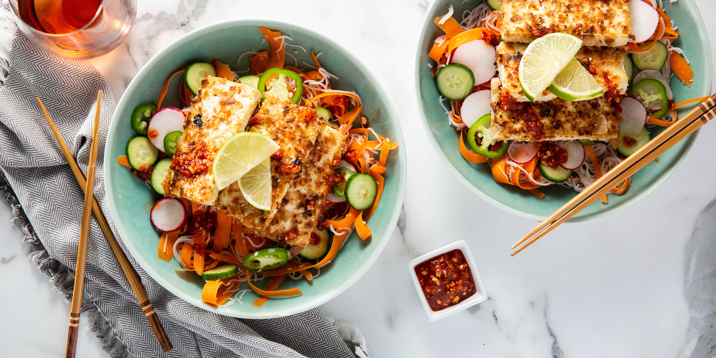 Coconut Tofu Bun Cha with Carrot Noodles & Sweet Chile Sauce