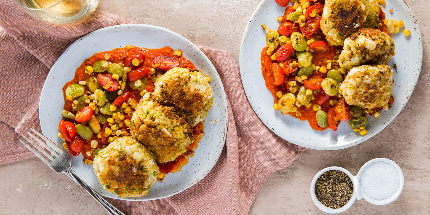 Fabcakes with Summer Succotash & Roasted Red Pepper Coulis