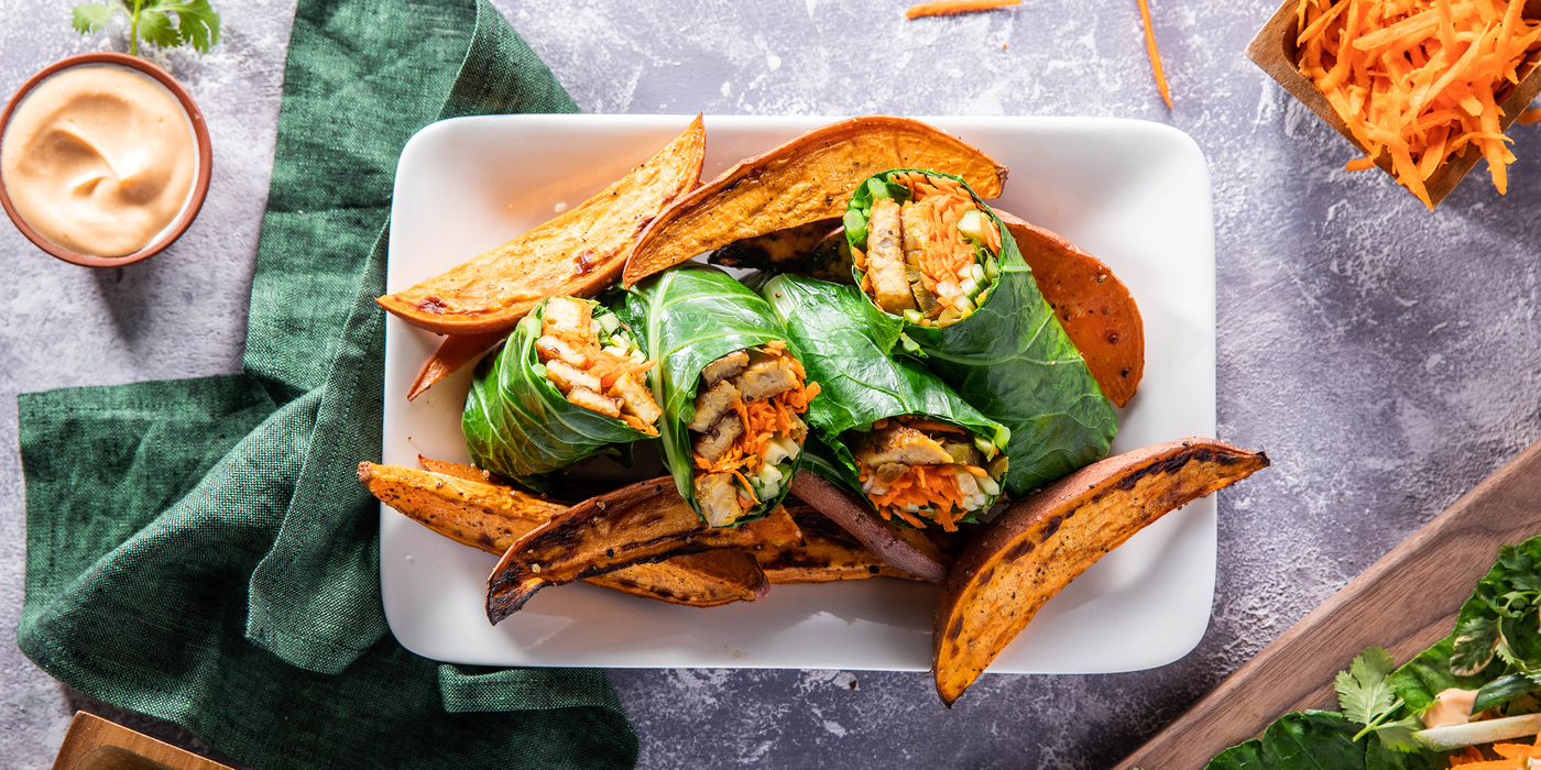 Banh Mi Collard Wraps with Apricot Glazed Tempeh & Yam Fries