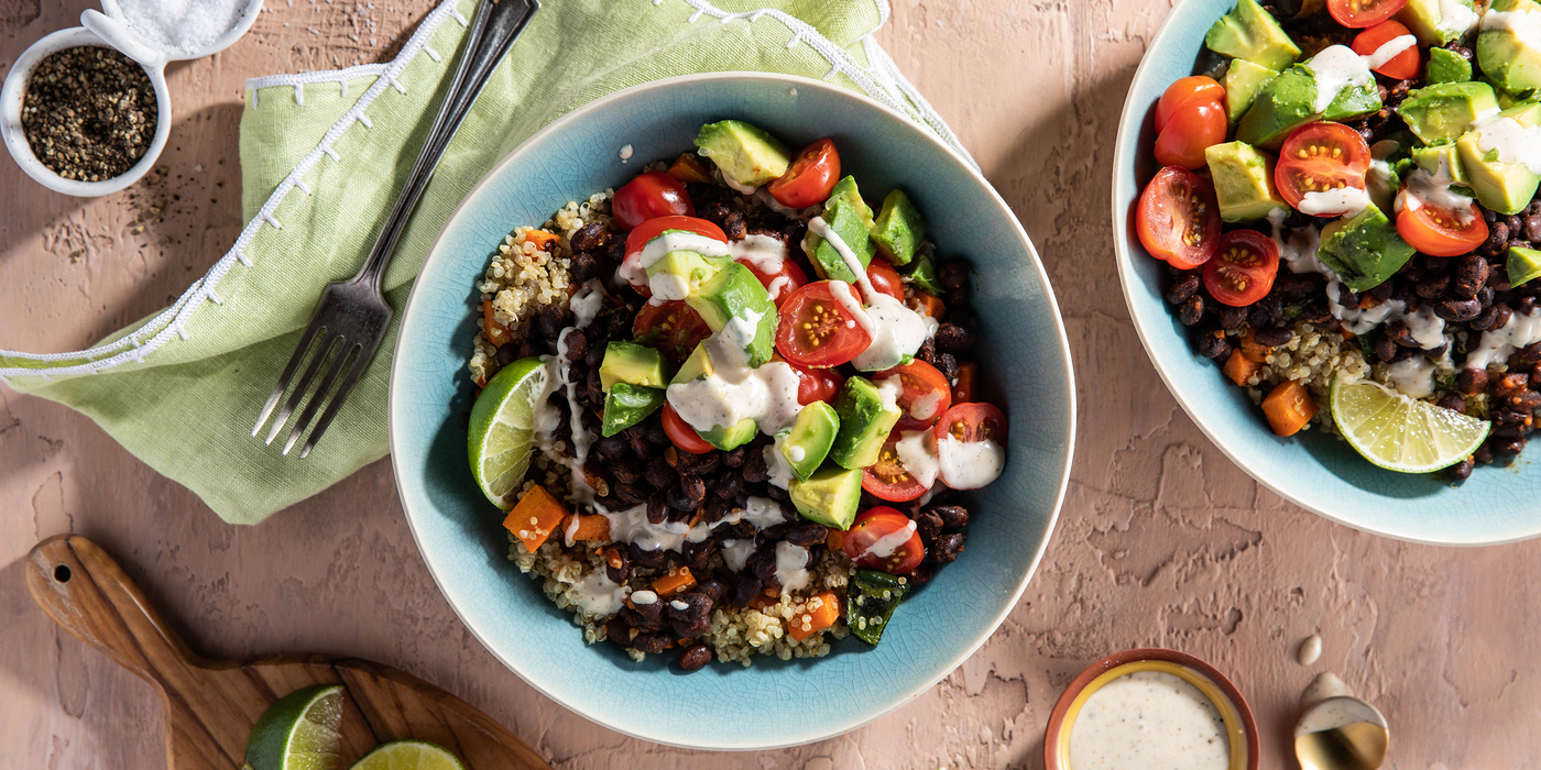 Black Bean Bowls with Carrot Poblano Quinoa & Spicy Ranch Dressing