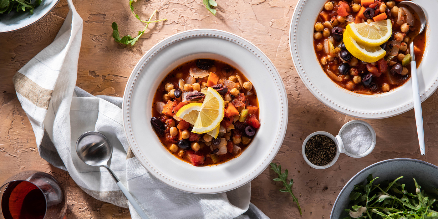 Chickpea Tomato Ragout with Lemon & Arugula Caesar