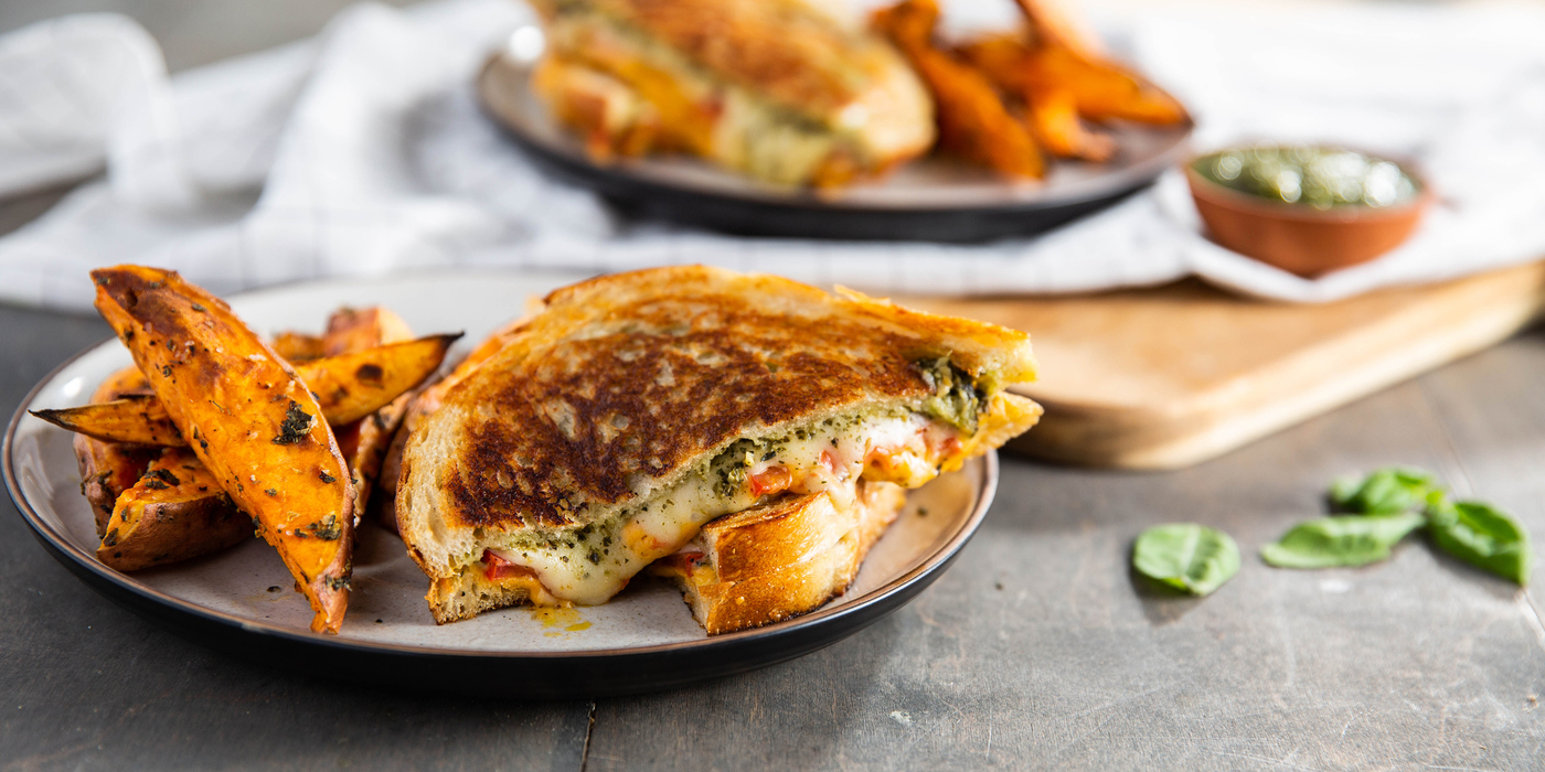 Pesto Grilled Cheese with Tomato & Sweet Potato Fries