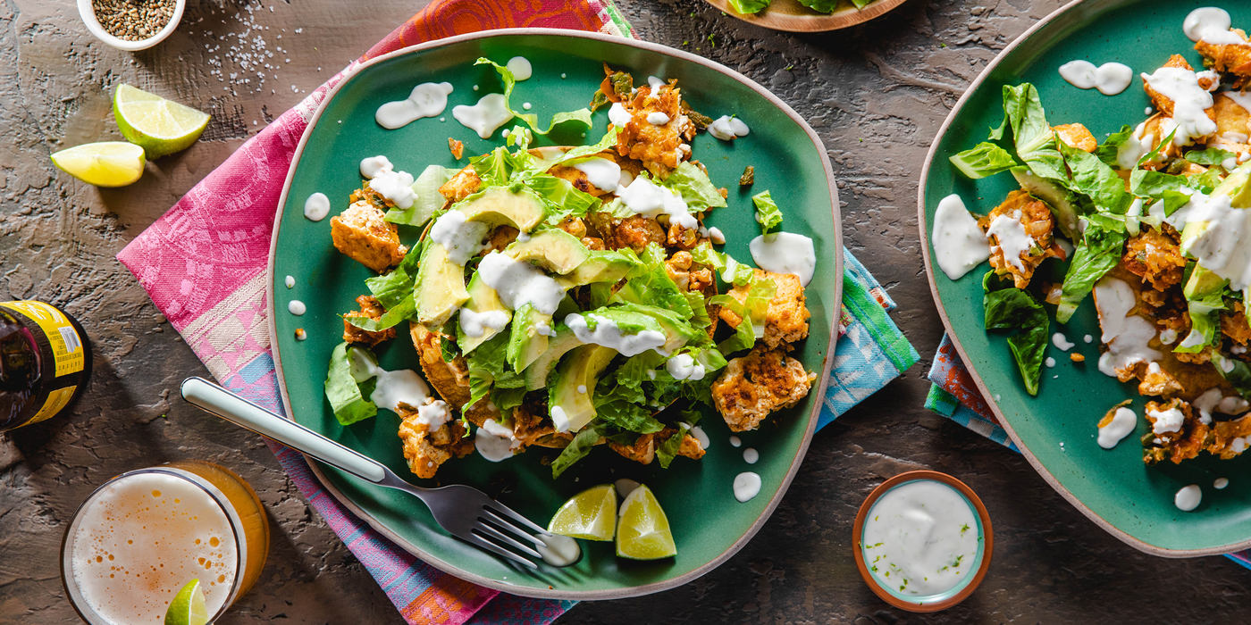 Tofu Sofritas Tostadas with Lime Crema & Avocado