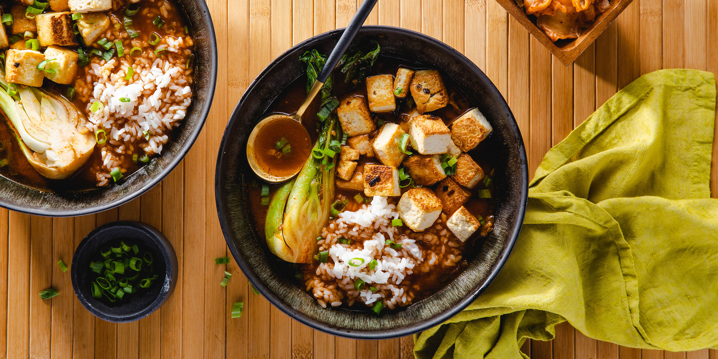 Kimchi Tofu Stew with Bok Choy & Sticky Rice