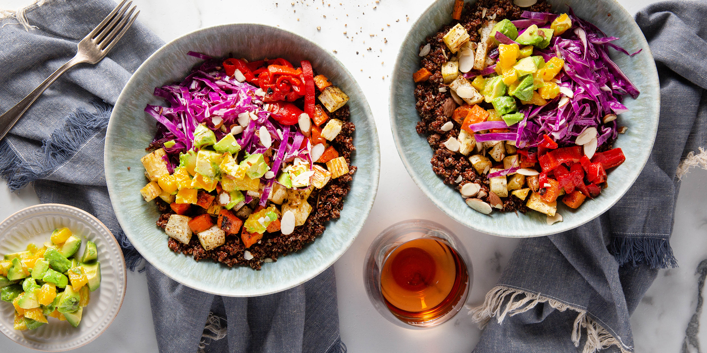 Autumn Vegetable Bowl with Citrus Avocado Salsa & Sesame Orange Vinaigrette