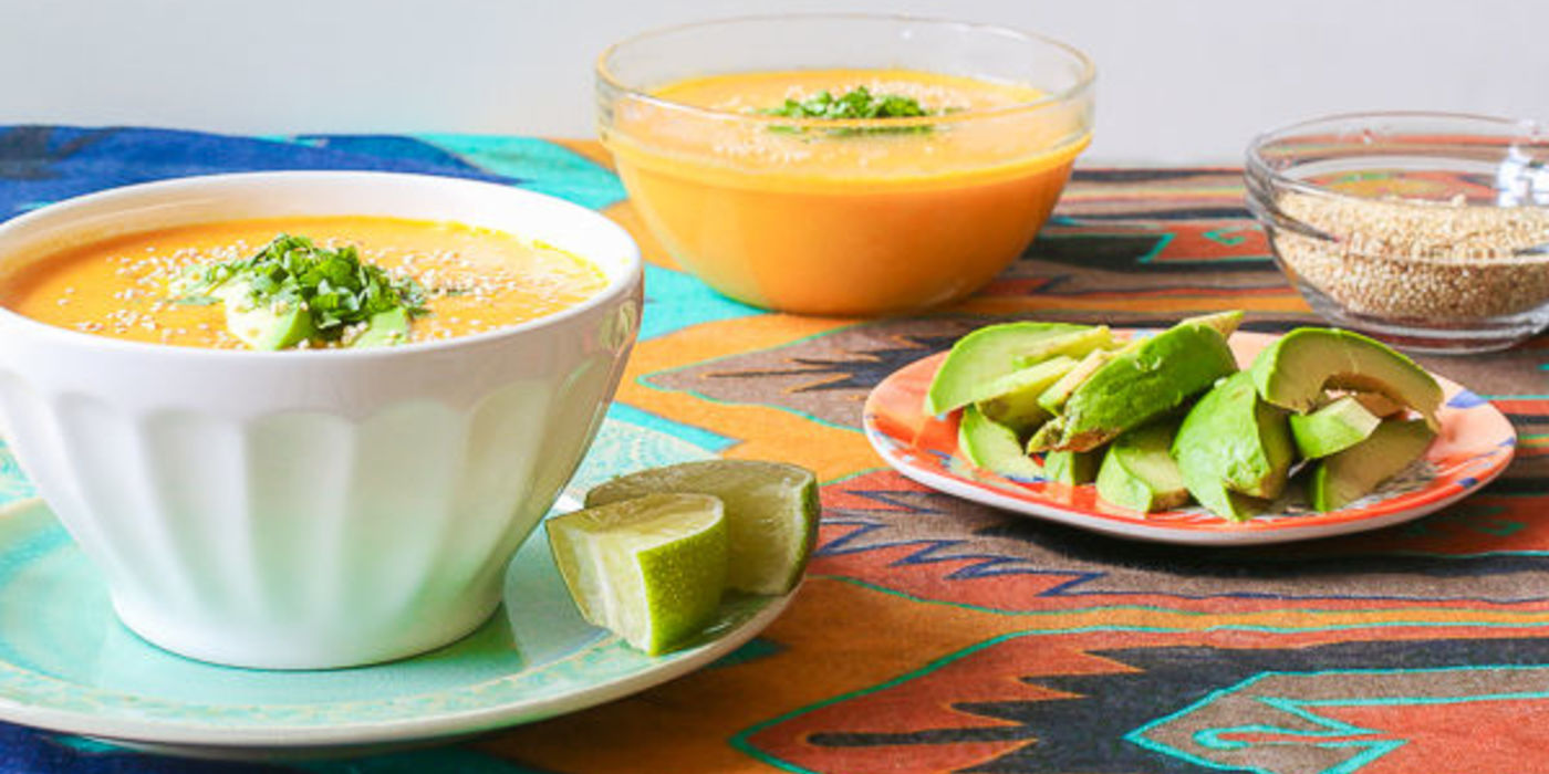 Creamy Coconut Carrot Soup with Avocado and Toasted Quinoa