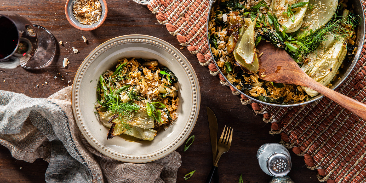 Roasted Fennel Steaks with Saffron Coconut Rice & Greens