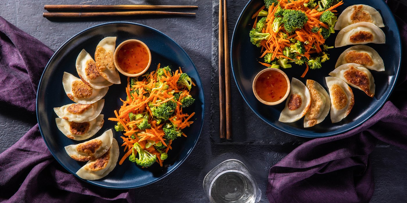 Tofu Edamame Dumplings with Broccoli Slaw & Sweet Chile Sauce