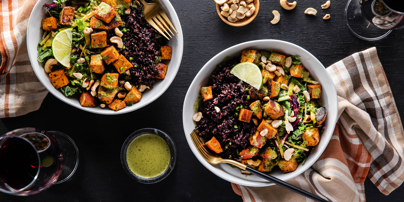 Sweet Potato Bowls with Midnight Grains & Spicy Green Dressing