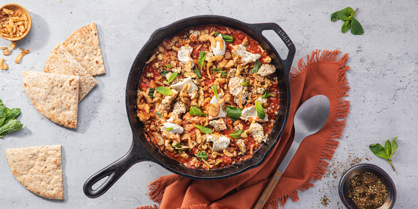 Roasted Red Pepper Shakshuka with Za'atar Tofu & Crispy Shallots