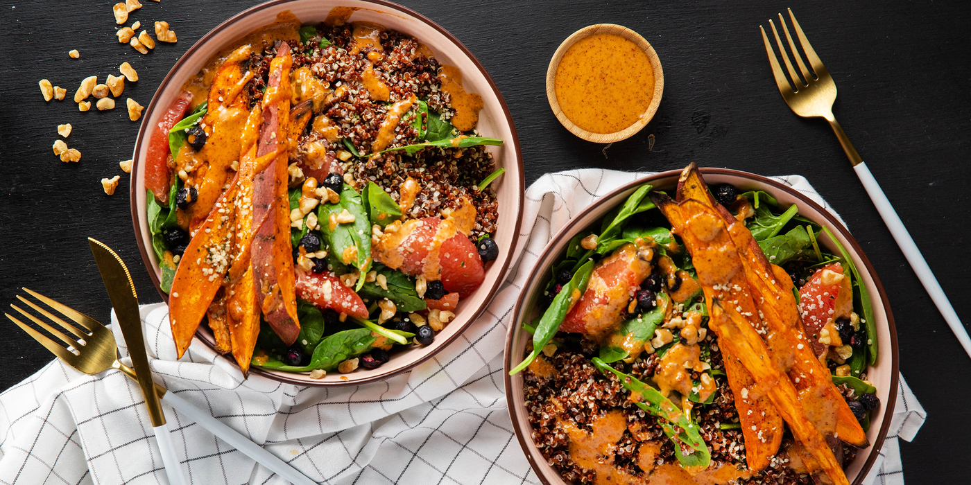 Superfood Bowls with Sweet Potatoes & Ginger Almond Sauce