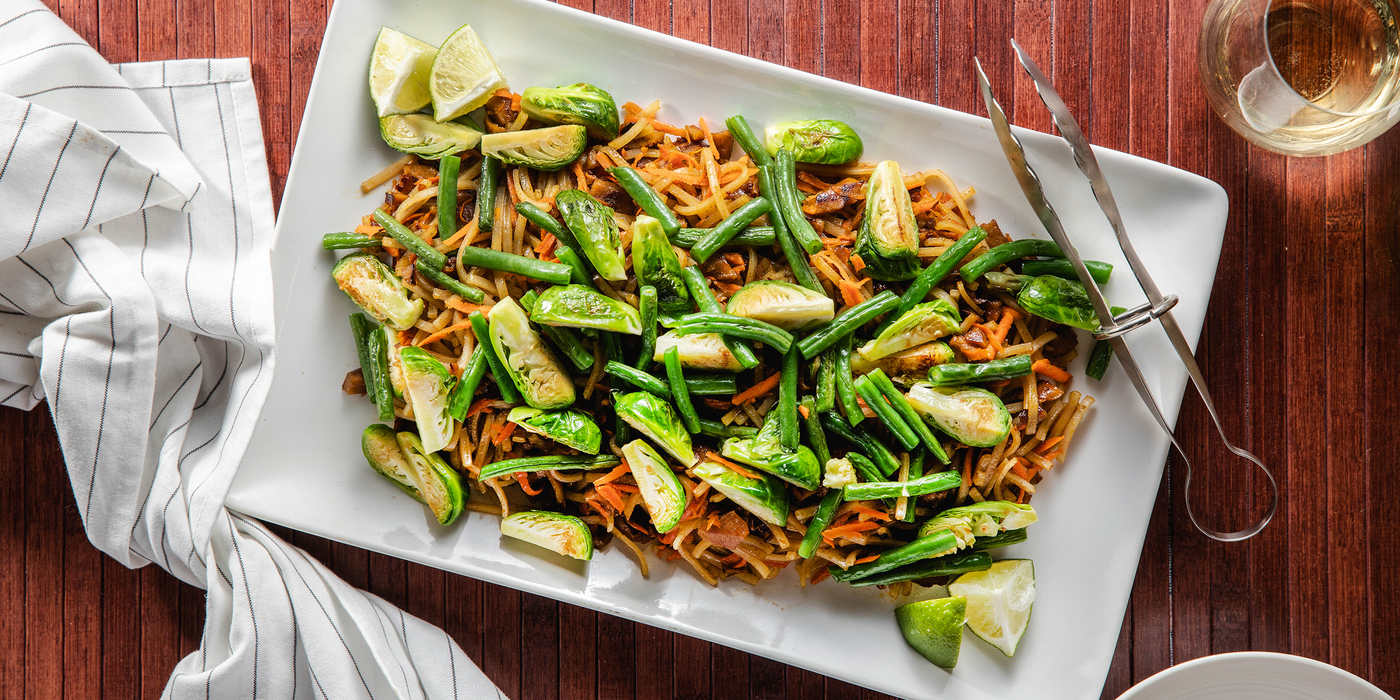 Seitan Pad Thai with Charred Green Beans & Brussels Sprouts