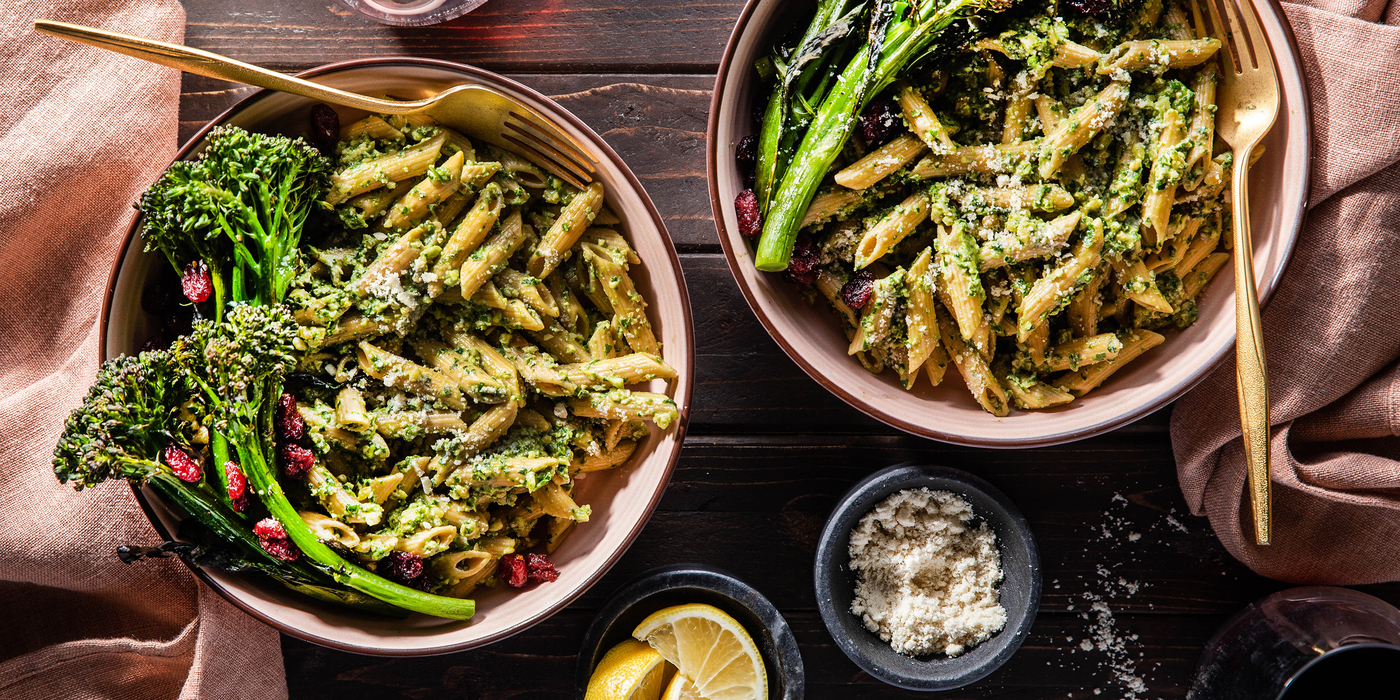 Sage Walnut Pesto Penne with Crispy Broccolini & Cranberries