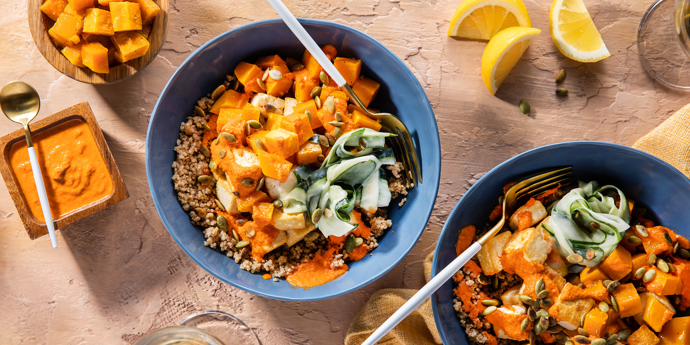 Crispy Lemon Tofu with Butternut, Quinoa & Romesco Sauce