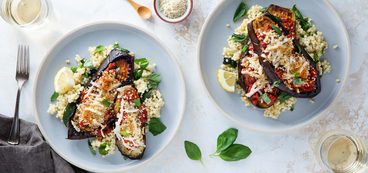 Eggplant Parmesan with Garlicky Tomato Sauce & Lemon Basil Couscous