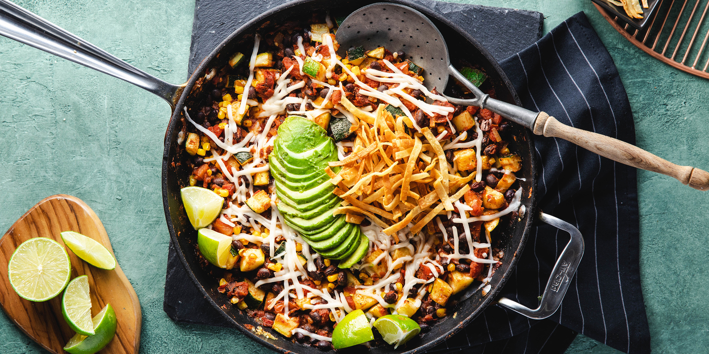 Fiesta Enchilada Skillet with Mole Black Beans & Avocado