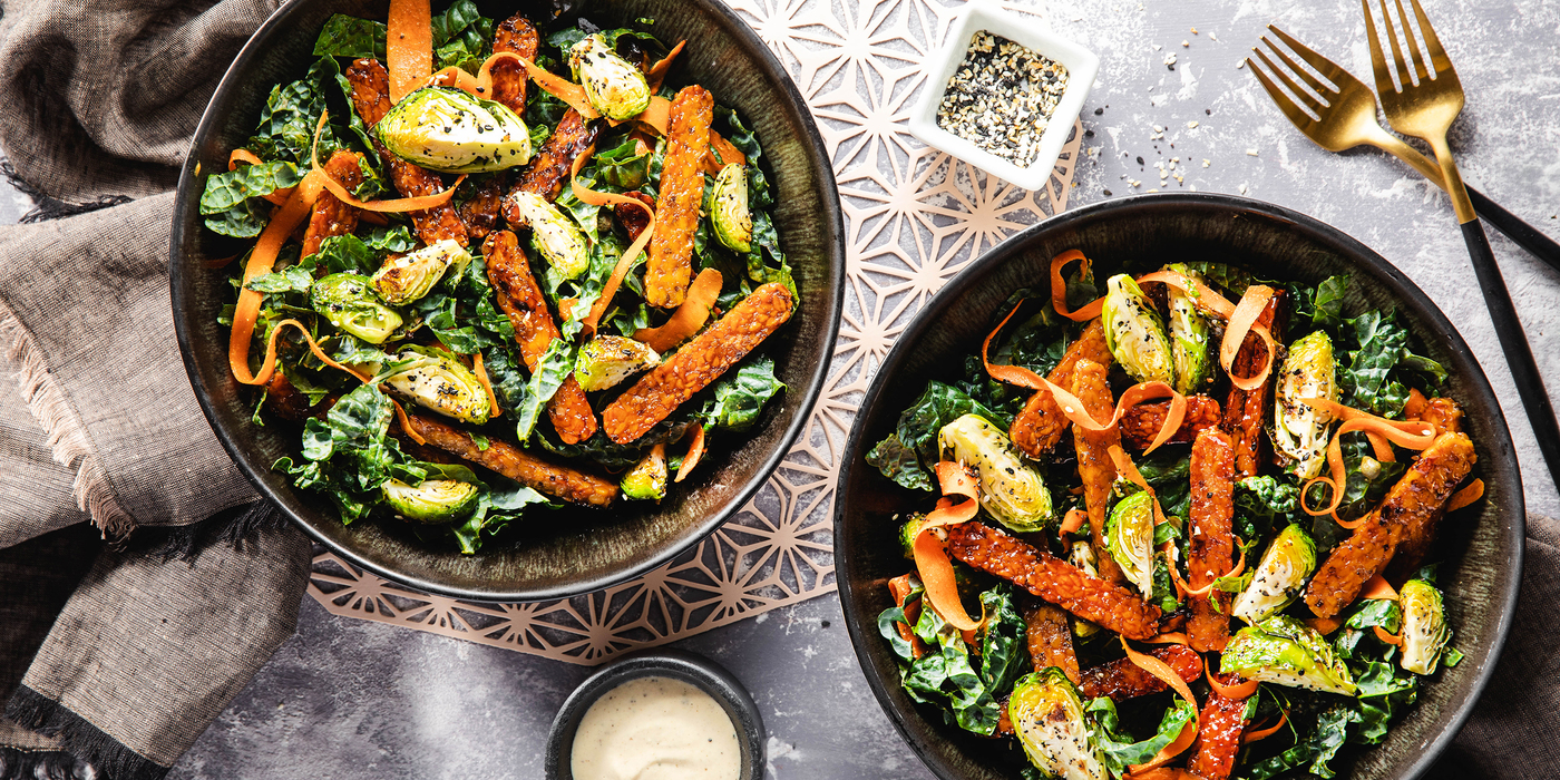 Chopped Salad with Tempeh Bacon & Everything Bagel Brussels Sprouts