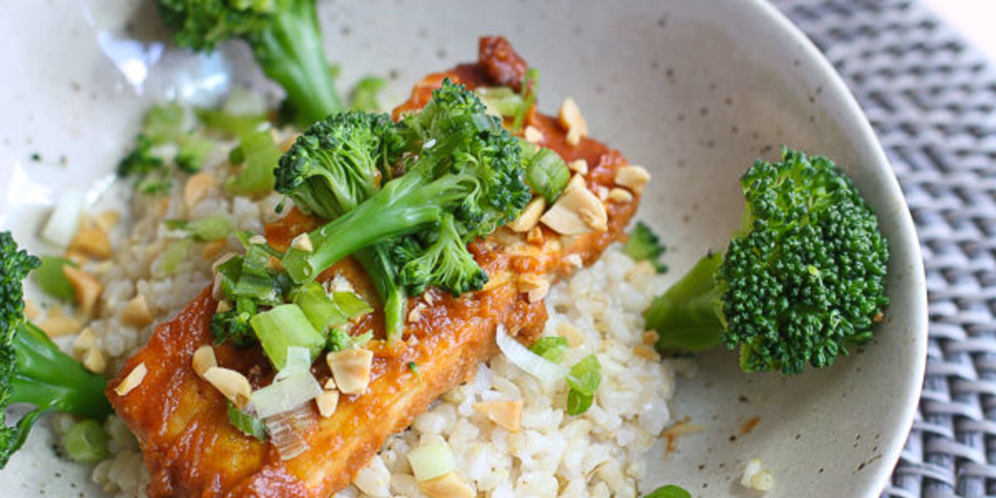 Pan Seared Tofu with Coconut Brown Rice and Broccoli