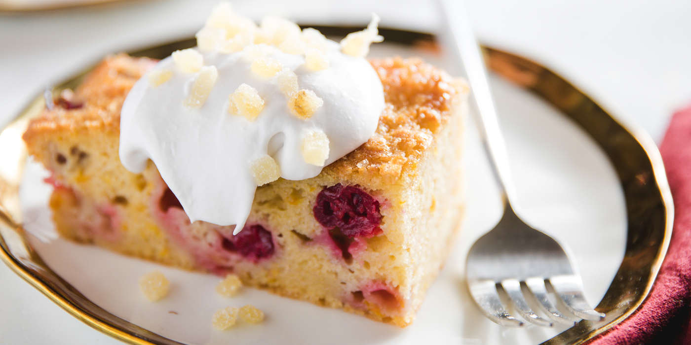 Cranberry Citrus Cake with Coconut Whipped Cream & Crystalized Ginger