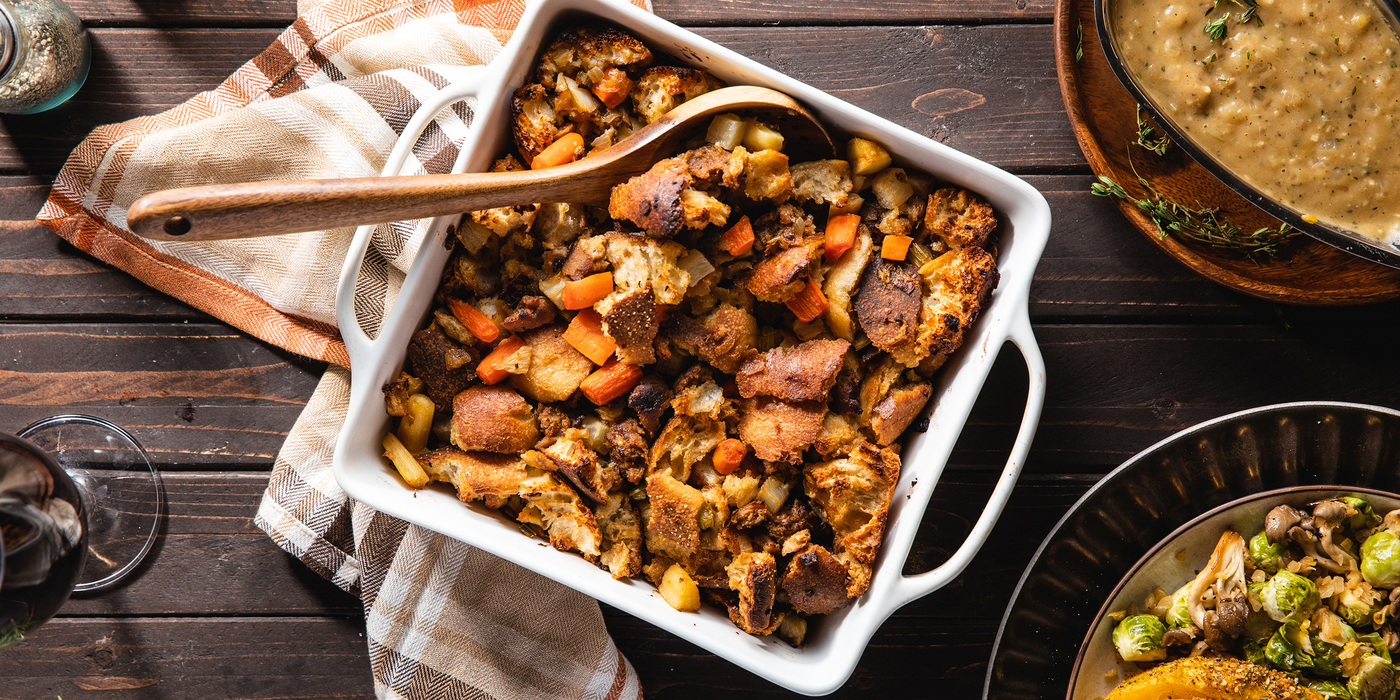 Rustic Ciabatta Stuffing with Root Vegetables & Herb Sausage