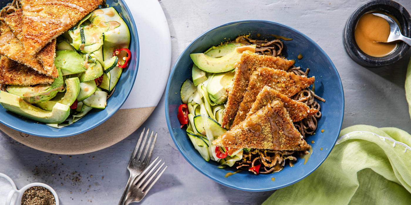 Panko-Crusted Tempeh with Lemon Zucchini Soba & Avocado