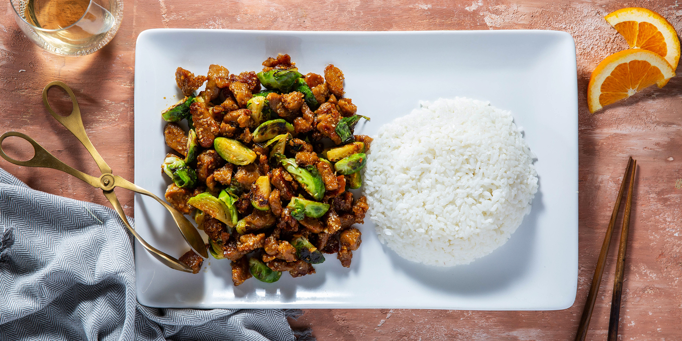 Orange Sesame Seitan with Charred Brussels Sprouts & Sticky Rice