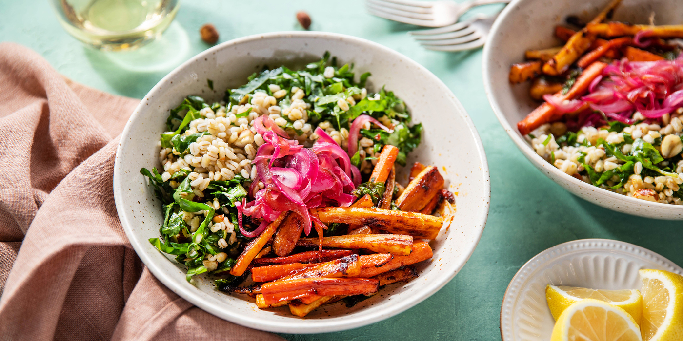 Hazelnut Barley Pilaf with Pan-Roasted Root Veggies & Harissa Butter