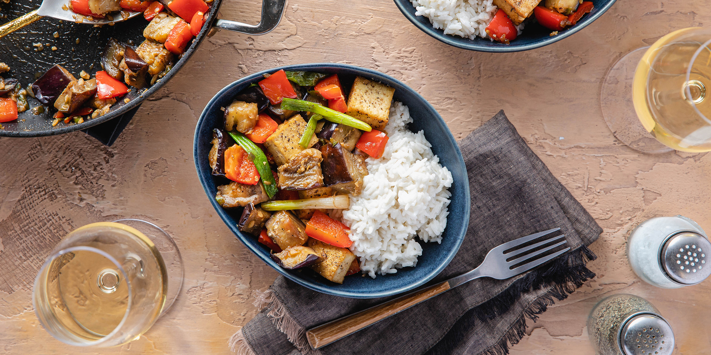 Thai Skillet Eggplant with Crispy Tofu & Coconut Jasmine Rice