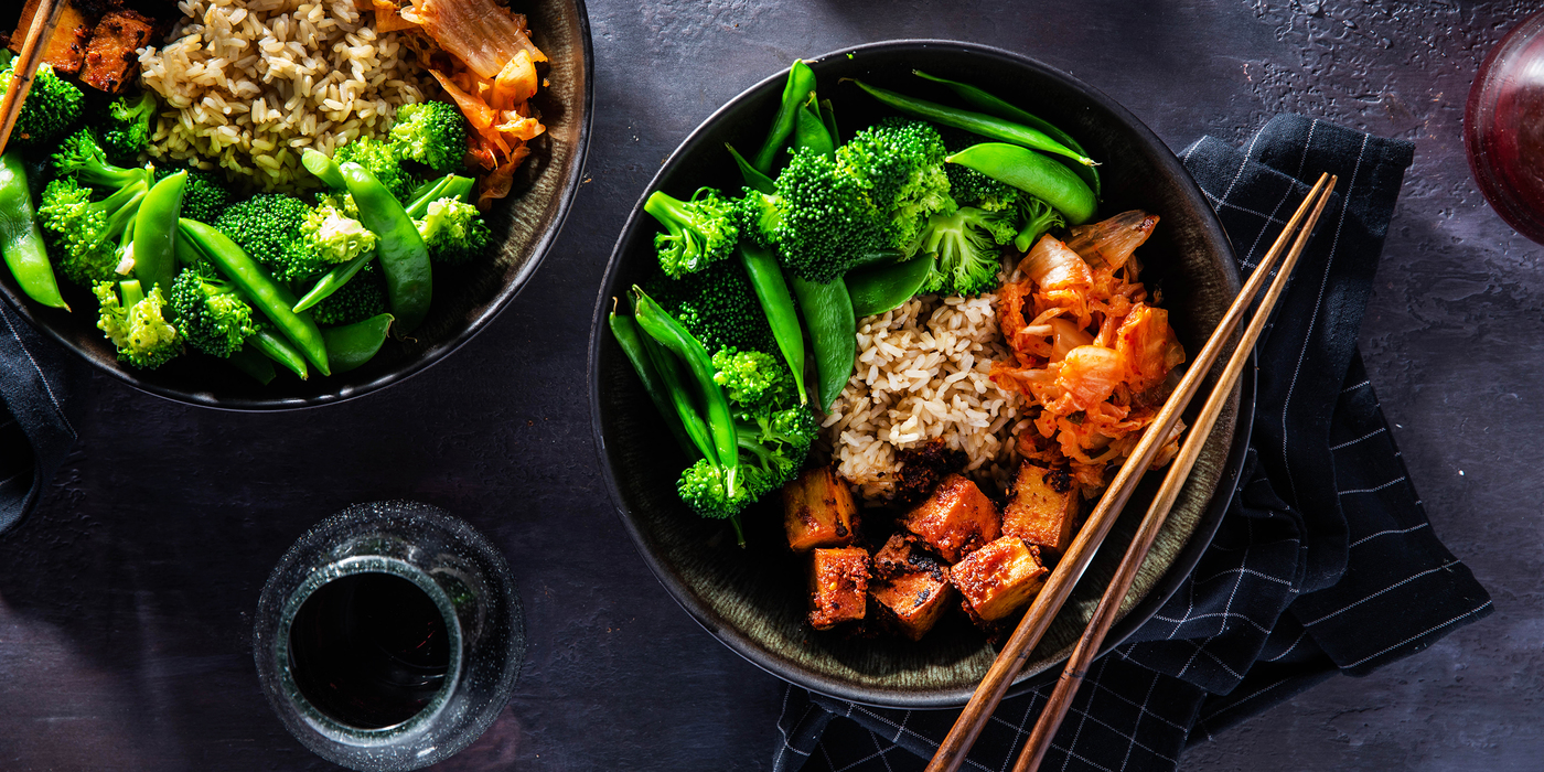 Korean Tofu Bowls with Sugar Snap Peas & Kimchi