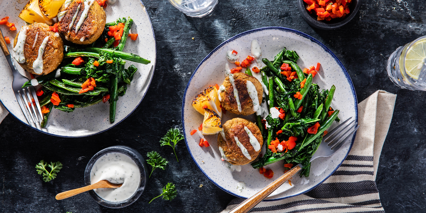 Mini White Bean Burgers with Charred Green Beans & Lemon Herb Dressing