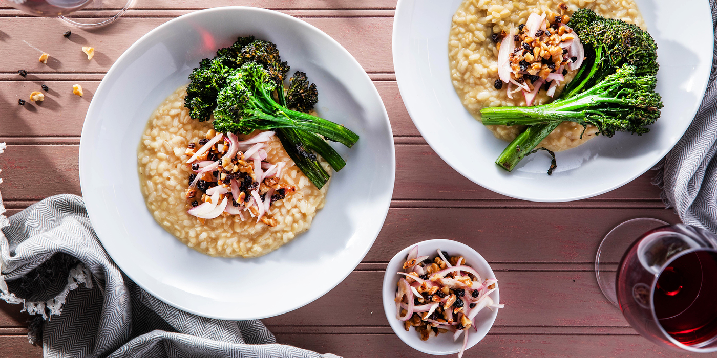 White Lentil Risotto with Broccolini & Walnut Currant Agrodolce